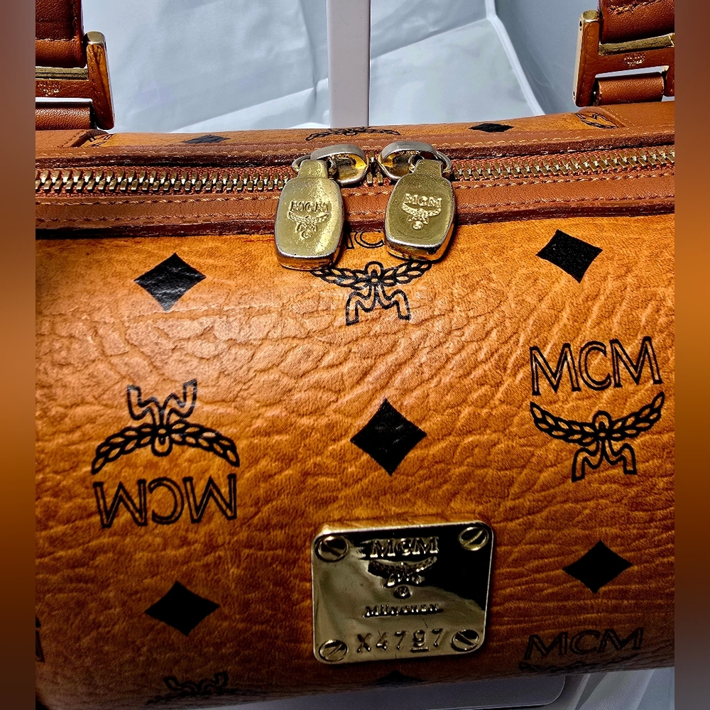 MCM Visetos Monogram Leather Barrel Shoulder Bag in Cognac Brown - Picture 9 of 14